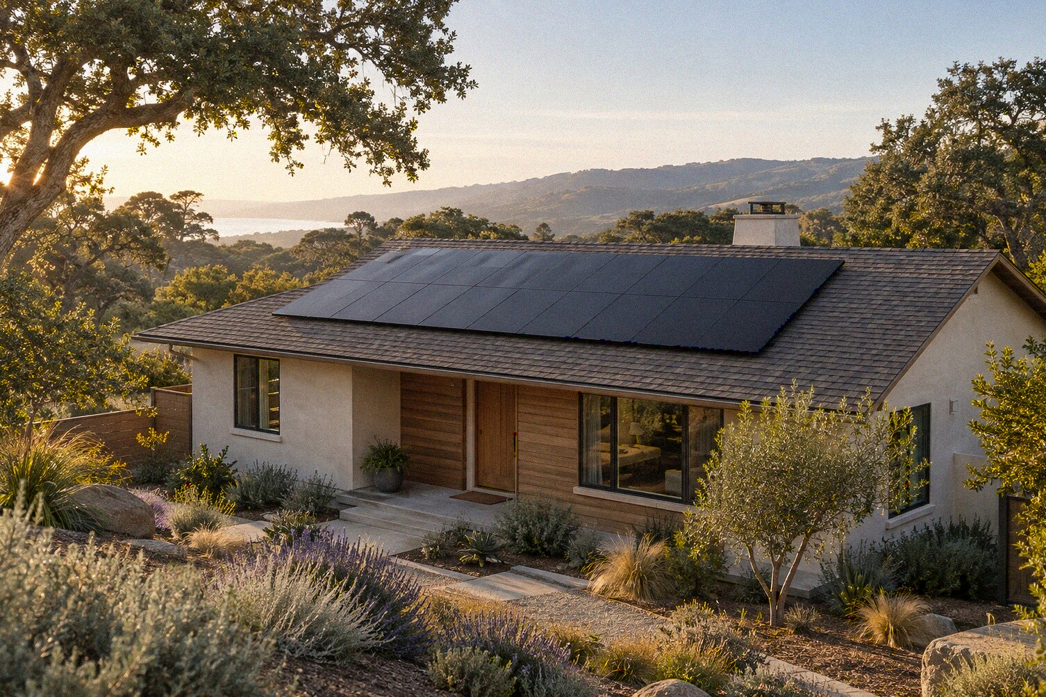 Illustration of a California home with conventional solar panels mounted above its roof.